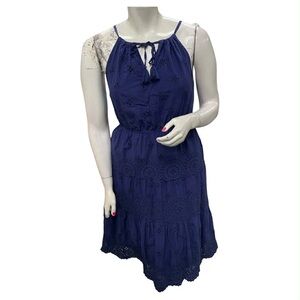 Liv Los Angeles Sleeveless Navy Eyelet Midi Dress with Tassel Tie Neckline S12